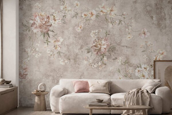 Tapet Ornament floral pe un fundal deschis, cu textură, Fototapet Flori, w05698 : Uwalls.ro