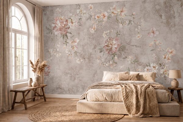 Tapet Ornament floral pe un fundal deschis, cu textură, Fototapet Flori, w05698 : Uwalls.ro