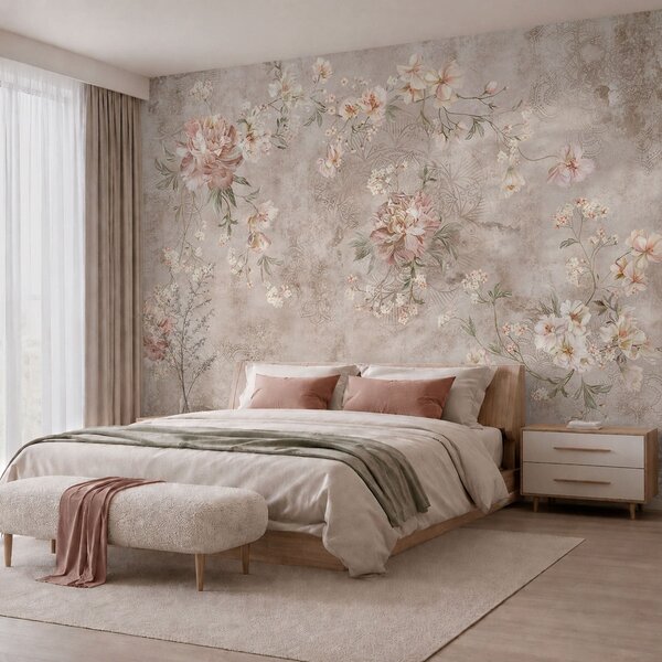 Tapet Ornament floral pe un fundal deschis, cu textură, Fototapet Flori, w05698 : Uwalls.ro