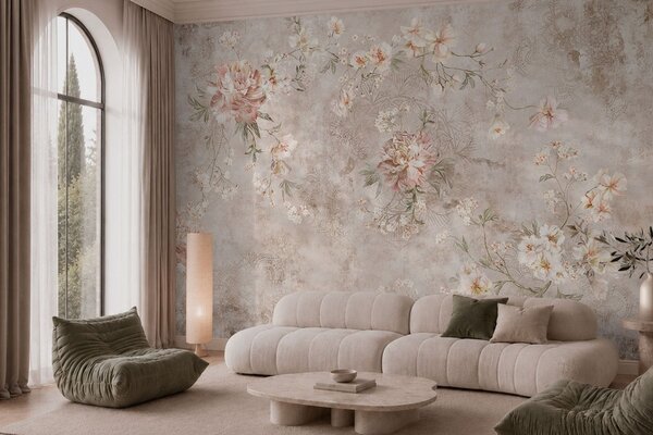 Tapet Ornament floral pe un fundal deschis, cu textură, Fototapet Flori, w05698 : Uwalls.ro
