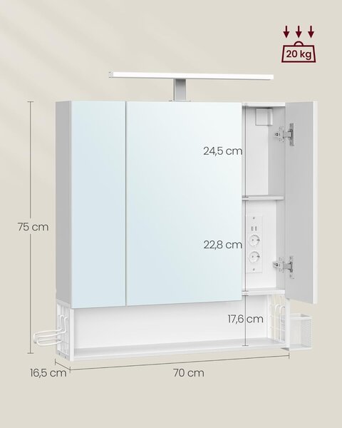 Dulap de baie cu oglinda Alb Vasagle 70x16.5x75 cm