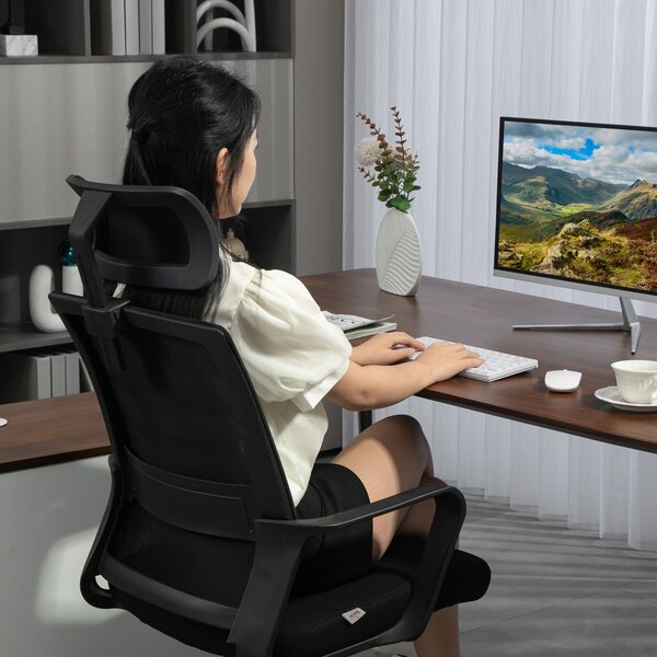 HOMCOM Scaun de Birou Ergonomic cu Tetieră, Înălțime Reglabilă și Funcție de Balansare, 60x64x102-112 cm, Negru | Aosom Romania