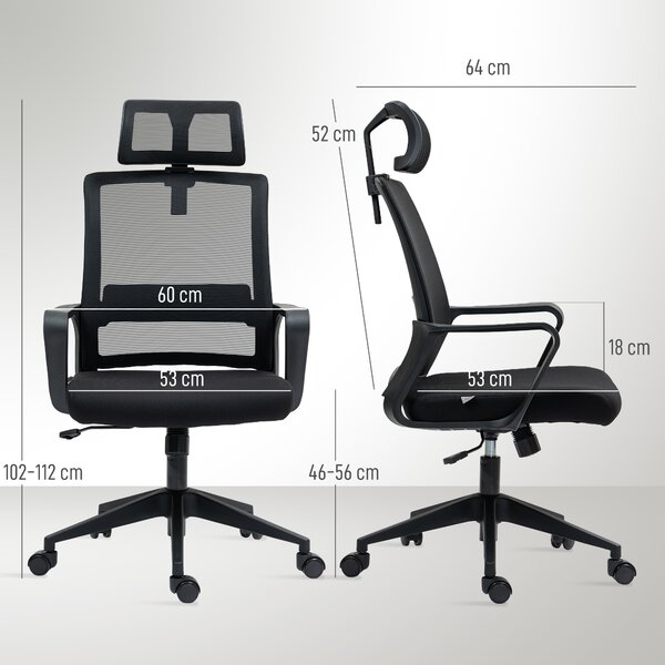 HOMCOM Scaun de Birou Ergonomic cu Tetieră, Înălțime Reglabilă și Funcție de Balansare, 60x64x102-112 cm, Negru | Aosom Romania