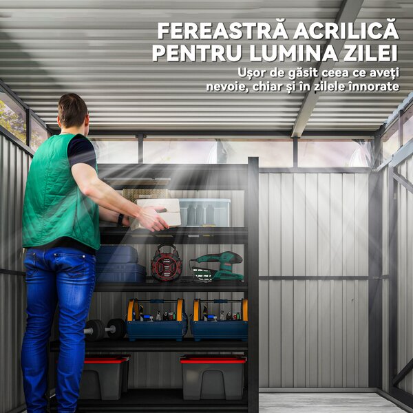 Outsunny Căsuță de Grădină cu Luminator Superior din Acril și Orificii de Drenaj, 200x258x201 cm, Gri Închis | Aosom Romania