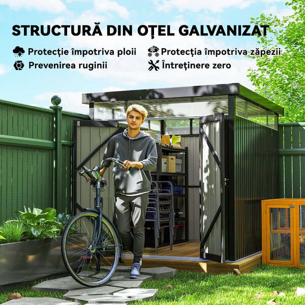 Outsunny Căsuță de Grădină cu Luminator Superior din Acril și Orificii de Drenaj, 200x258x201 cm, Gri Închis | Aosom Romania