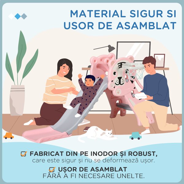 AIYAPLAY Tobogan pentru Copii 18-36 Luni cu Coș de Baschet Lateral și Tobogan din Plastic, 133x60x70 cm, Roz | Aosom Romania