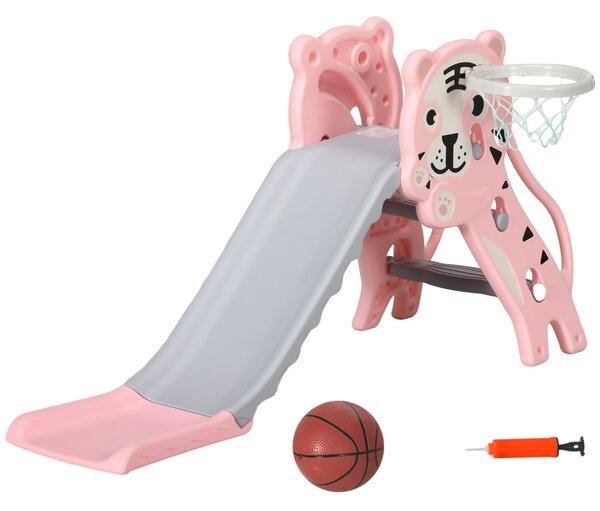 AIYAPLAY Tobogan pentru Copii 18-36 Luni cu Coș de Baschet Lateral și Tobogan din Plastic, 133x60x70 cm, Roz | Aosom Romania