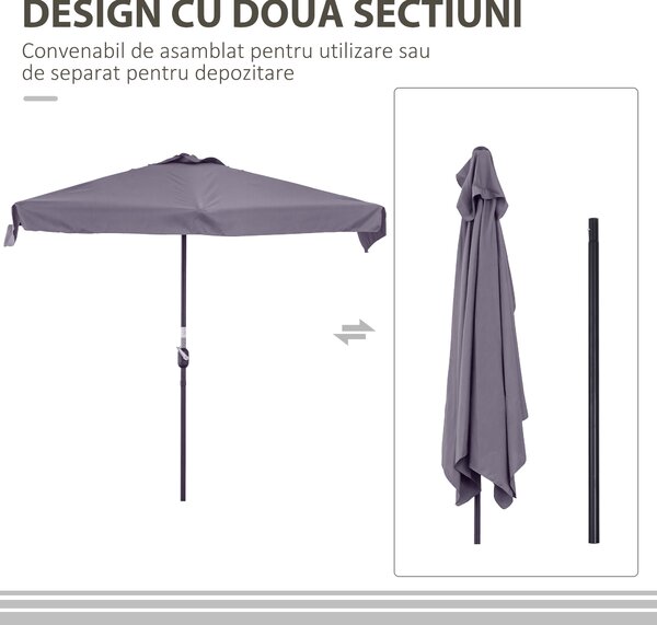 Outsunny Umbrelă Compactă Semicirculară cu Manivelă, Ideală pentru Spații Mici, 230x130x249cm, Gri | Aosom Romania