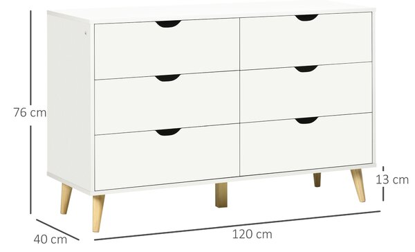 HOMCOM Comodă cu 6 Sertare și Mânere, Comodă din Lemn de Pin și Melamină, 120x40x76 cm, Alb