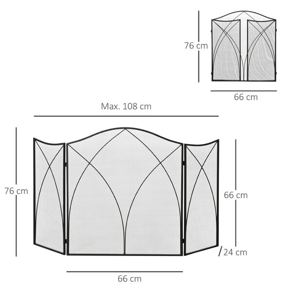 HOMCOM Parascântei pentru Șemineu din 3 Părți Pliabil cu Decorațiuni, Paravan de Protecție din Metal, 126x2x76 cm, Negru | Aosom Romania