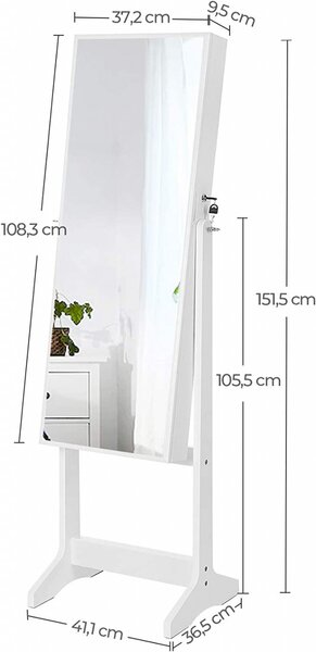 Dulap bijurerii cu oglinda, Songmics, Alb, 151.5x41x36.5 cm