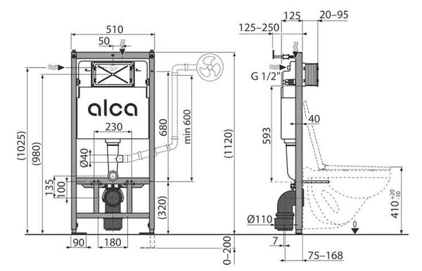 Set complet vas WC suspendat, Fluminia Ricci Tornado Flush cappuccino cu rezervor Alca si clapeta albaa