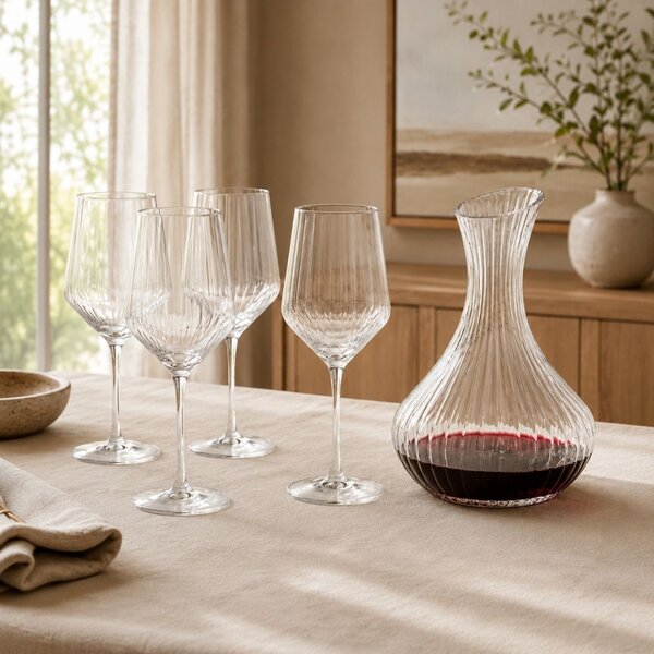 Set 5 piese pentru vin, Atmosphera – 4 pahare cu picior și un decantor din sticlă, design striat