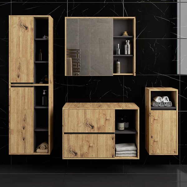 Dulap de baie Vambos W90UM 2SZ 2P (stejar artizanal + grafit). Promo -16%. 1152123