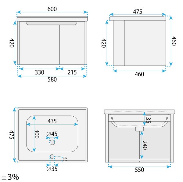Dulap baie cu lavoar Rea Rivo DB86-60L-3 Light 60cm