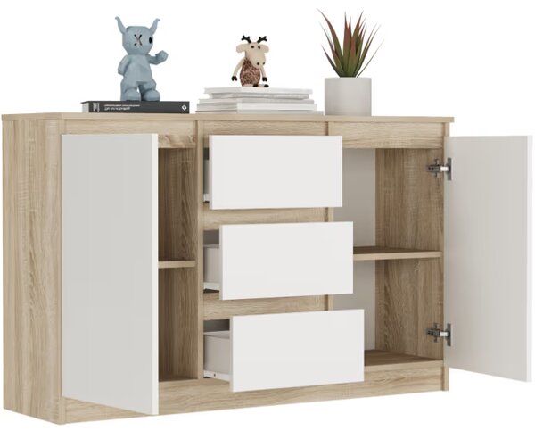 Comoda R-120-S3 cu 3 sertare și o ușă – diverse opțiuni de culoare artisan mix alb