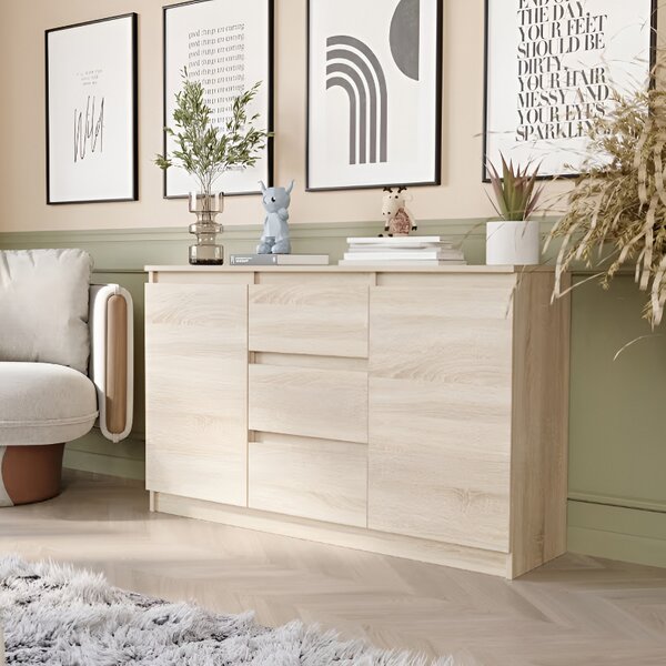 Comoda R-120-S3 cu 3 sertare și o ușă – diverse opțiuni de culoare artisan mix alb