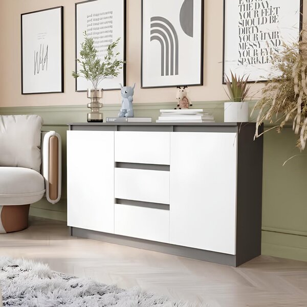 Comoda R-120-S3 cu 3 sertare și o ușă – diverse opțiuni de culoare artisan mix alb