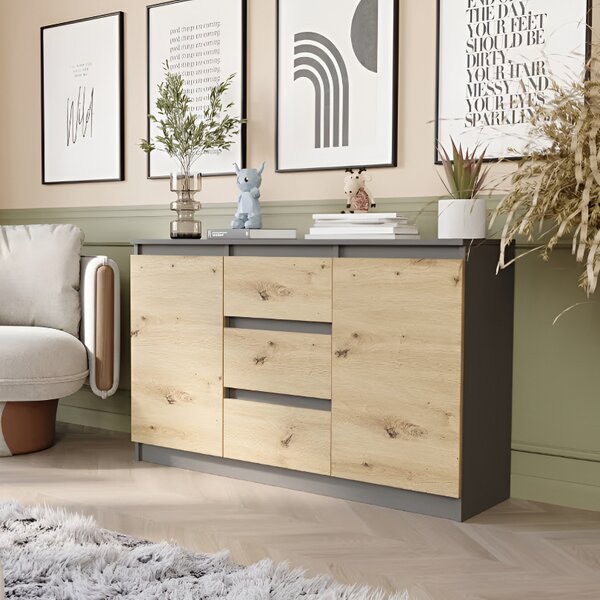 Comoda R-120-S3 cu 3 sertare și o ușă – diverse opțiuni de culoare artisan mix alb