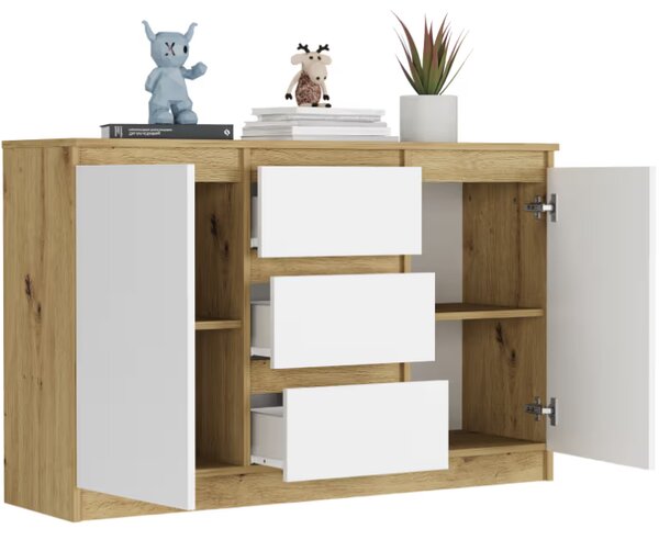 Comoda R-120-S3 cu 3 sertare și o ușă – diverse opțiuni de culoare artisan mix alb