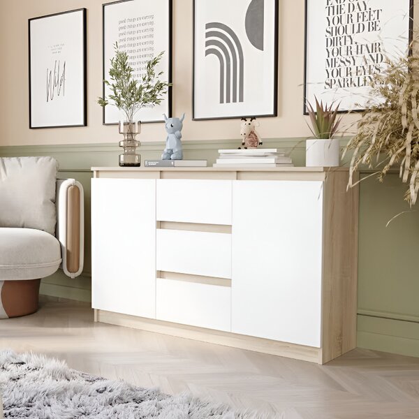 Comoda R-120-S3 cu 3 sertare și o ușă – diverse opțiuni de culoare artisan mix alb