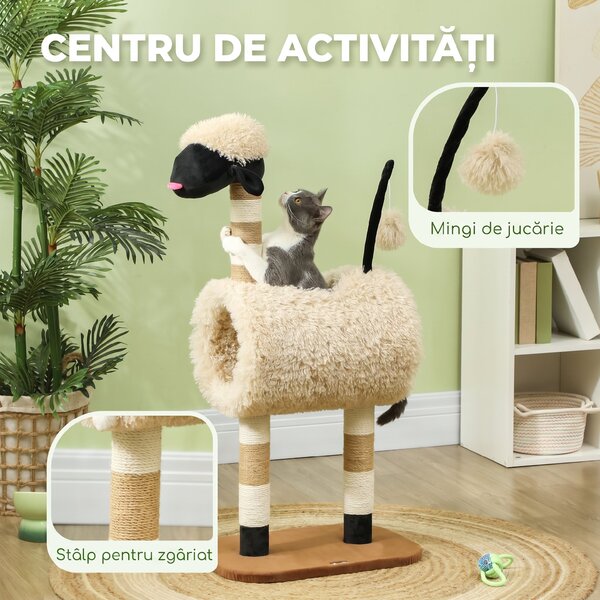 PawHut Stâlp de Zgâriat pentru Pisici în Formă de Oaie cu Nas Negru, Maro Deschis | Aosom Romania