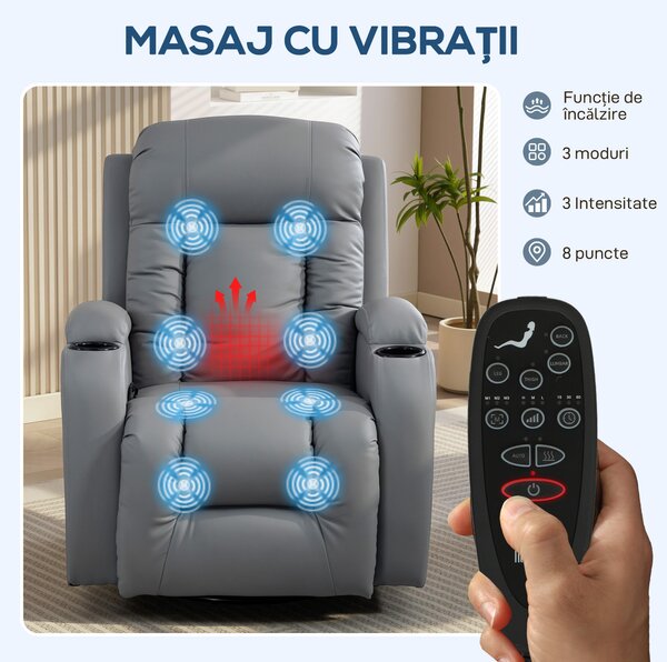 HOMCOM Fotoliu Reclinabil Masaj Încălzită E Telecomandă, Gri Chiaro | Aosom Romania