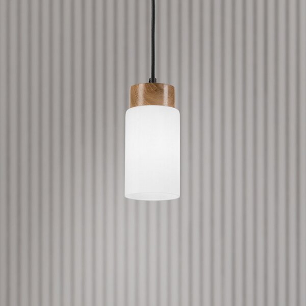 Lamkur Lampă suspendată Markus, sticlă opală/lemn de stejar, Ø 9,5 cm, E27, reglabil, Alb, Camera de zi / sufragerie, Sticlă, Scandinavă