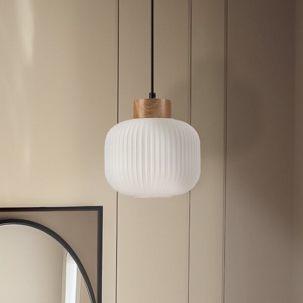 Lamkur Lampă suspendată Harmony, Ø 20 cm, sticlă opală, lemn de stejar, E27, reglabil, Alb, Camera de zi / sufragerie, Sticlă, Scandinavă
