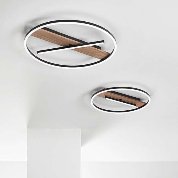 Luce Ambiente Design Aplică de perete cu LED Azimuth, Ø 50 cm, negru/culoarea lemnului, metal, Negru, Camera de zi / sufragerie, Aluminiu, Modern