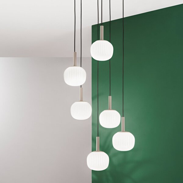Luce Ambiente Design Lampă suspendată Eris, lungime 51 cm, maro/alb, metal/sticlă, cu 6 becuri, reglabil, Maro / Rugină, Camera de zi / sufragerie, Aluminiu, Modern