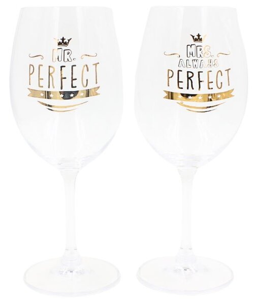 Set 2 pahare vin, cristal ecologic, 440 ml, Nekupto - Mr. Perfect și Mrs. Always Perfect