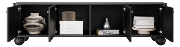 Comodă TV Vesper 4D 187 cm - negru / mânere aurii / picioare sferice