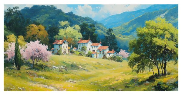 Tablou copaci înfloriți și munți