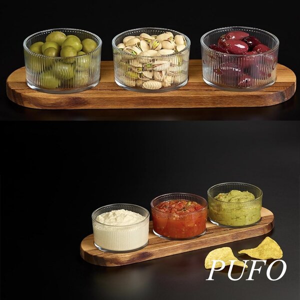 Set 3 boluri din sticla Pufo Ellegance cu suport din lemn pentru aperitive, gustari, fructe