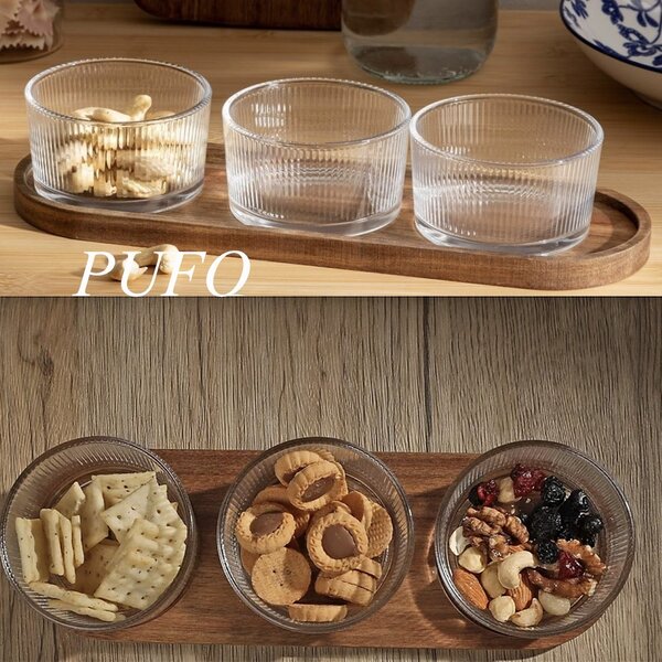 Set 3 boluri din sticla Pufo Ellegance cu suport din lemn pentru aperitive, gustari, fructe