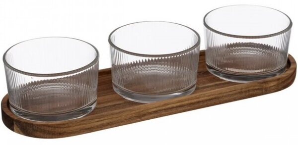 Set 3 boluri din sticla Pufo Ellegance cu suport din lemn pentru aperitive, gustari, fructe