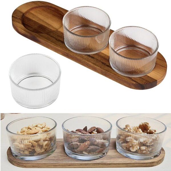 Set 3 boluri din sticla Pufo Ellegance cu suport din lemn pentru aperitive, gustari, fructe