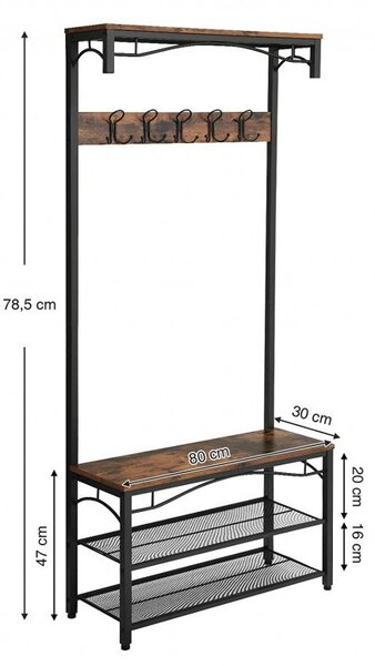 Cuier cu bancuta si suport pantofi Model Barnett, Maro Rustic/Negru, 80x32x178.5 cm