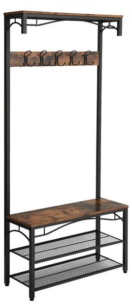 Cuier cu bancuta si suport pantofi Model Barnett, Maro Rustic/Negru, 80x32x178.5 cm
