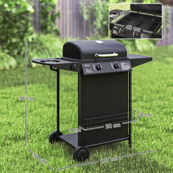 Outsunny Grătar pe Gaz cu Capac, Termometru, Măsuță Laterală și Tavă pentru Colectarea Grăsimii, 107x54x96 cm, Negru | Aosom Romania