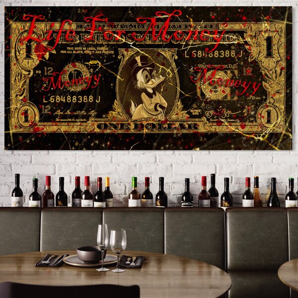 Tablou Canvas Premium LuxCanva® B1032, Life For Money , Decorativ, Donald Duck, Bani, Dolari, Motivational, Culori Vibrante