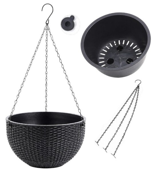 Ghiveci mare suspendat, gri, imitatie ratan, 4.5 Litri, 26 cm, JollyMag, ROS10GRAF