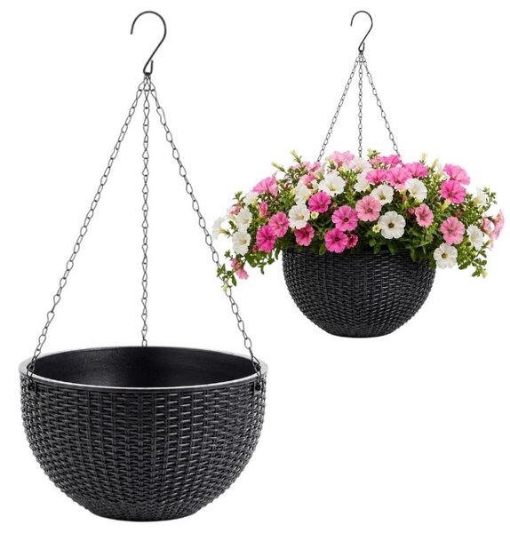 Ghiveci mare suspendat, gri, imitatie ratan, 4.5 Litri, 26 cm, JollyMag, ROS10GRAF