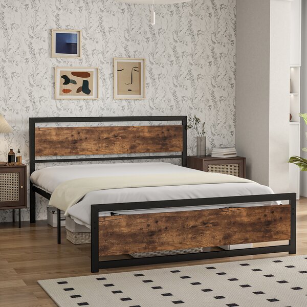 HOMCOM Cadru Pat Matrimonial din Lemn si Otel 160x200cm, Sipci Integrate si Tetiera in Stil Industrial, Negru Maro Rustic