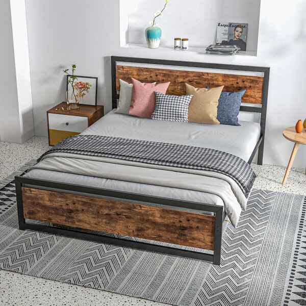 HOMCOM Cadru Pat Matrimonial din Lemn si Otel 160x200cm, Sipci Integrate si Tetiera in Stil Industrial, Negru Maro Rustic