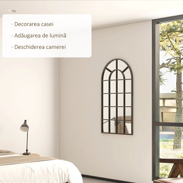 Oglindă arcuită pentru casă și birou cu suport de perete din sticlă groasă și metal, 62x2,5x110 cm, de culoare negru HOMCOM | Aosom Romania