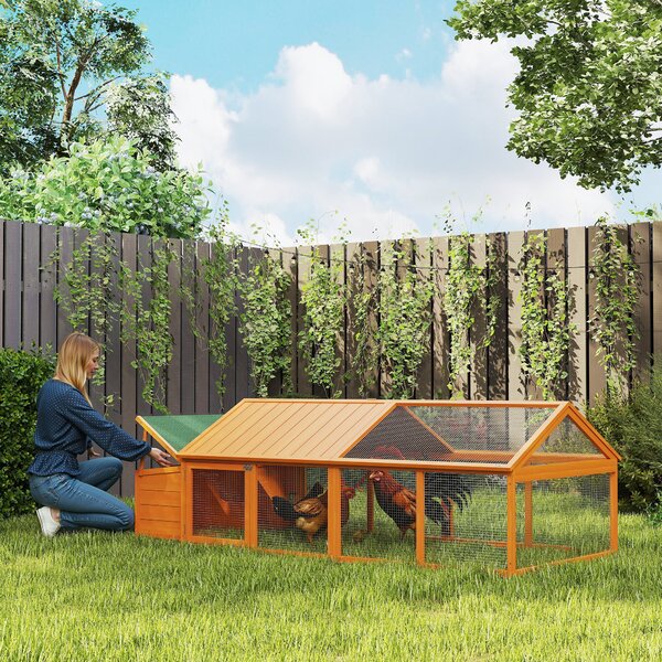 PawHut Coteț pentru Găini de Exterior cu Acoperiș Rabatabil și Ușă Largă Pentru 4-8 Găini, 240x112,5x76 cm, Portocaliu | Aosom Romania