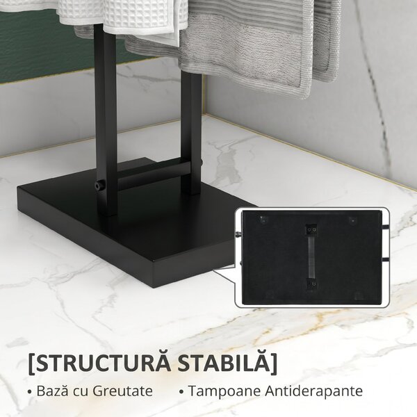 HOMCOM Suport de Prosoape de Podea cu 2 brațe, Suport de Prosoape din Metal pentru Baie, 50x18,5x85 cm, Negru | Aosom Romania