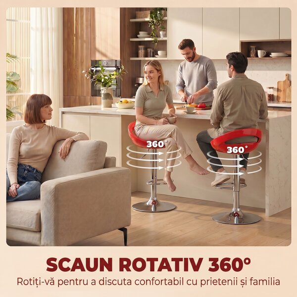 HOMCOM Set 2 Scaune de Bar Rotative cu Suport pentru Picioare și Înălțime Reglabilă, 46x41x76-96 cm, Roșu | Aosom Romania